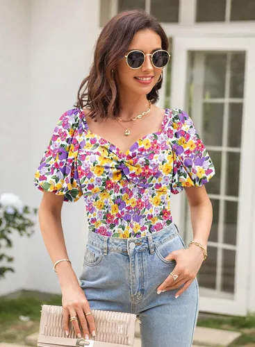 Vista 5 de DOROSE Blusa de manga abombada para mujer, con cuello de corazón, parte delantera fruncida