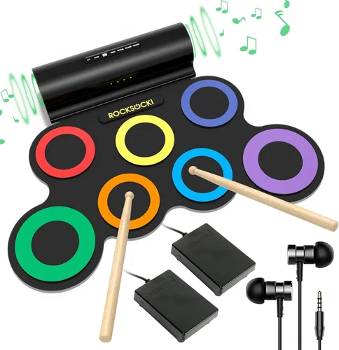 Vista 9 de Juego de batería eléctrica, 7 almohadillas electrónicas para niños con auriculares incluidos, almohadilla de práctica de tambor enrollable, gran 3-8