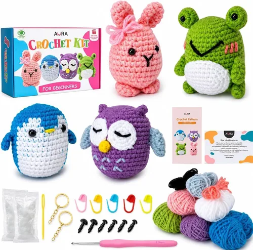 Vista 9 de Kit de ganchillo para aprender A-URA para principiantes niños y adultos, kits de ganchillo premium de 3 patrones de animales de gran