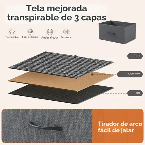 Vista 5 de Sweetcrispy Cómoda para dormitorio, cómoda de tela con 8 cajones, cómoda para armario, sala de estar, marco de acero resistente, parte superior