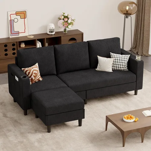 Vista 10 de Sofá seccional en forma de L de 78", sofá de 3 asientos para apartamento, lino negro