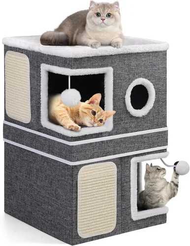 Vista 18 de Casa de Gato de 2 Pisos para Gatos de Interior, Separable en 2 Grandes Camas de Gato Cueva con Condominios Escondidos, Almohadillas para Rascar