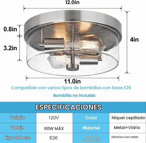 Vista 7 de Lámparas de techo de montaje empotrado, 2 luces de 12 pulgadas de níquel cepillado cerca de las lámparas de techo con pantalla de vidrio semillado