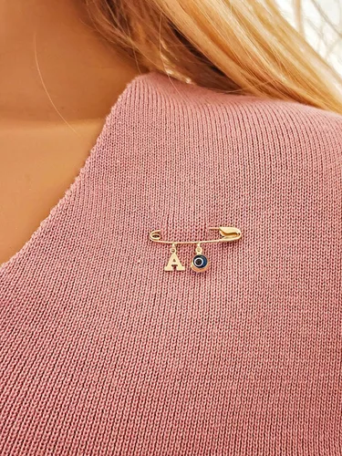 Vista 3 de 14k. Yellow Gold Baby Safety Pin Evil Eye & Initial Charms/Christening/Baptism/NOT Gold Filled NOT Gold Plated