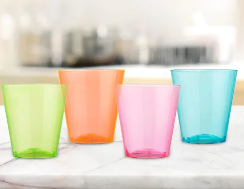 Vista 2 de Zappy 124 vasos de chupito de plástico neón, 1 oz, varios colores neón, desechables y reutilizables, sin BPA, perfectos para bodas, reuniones