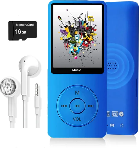 Vista 2 de Reproductor de MP3, reproductor de música con tarjeta micro SD de 16 GB, altavoz integrado/foto/reproducción de video/radio FM/grabadora