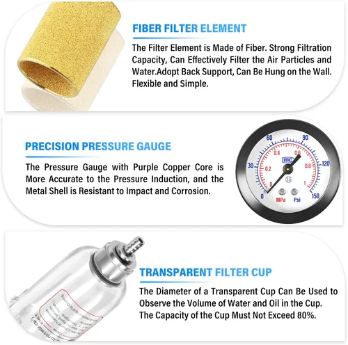 Vista 8 de TAILONZ PNEUMATIC Kit de regulador de presión de filtro de aire NPT AFR2000 de 1/4 pulgadas (0 a 145 psi) Filtro compresor de herramienta de aire