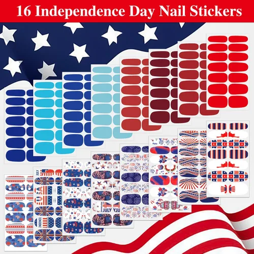 Vista 2 de Paquete de 16 hojas de esmalte de uñas para el Día de la Independencia, tiras de esmalte de uñas de gel autoadhesivas, con bandera estadounidense