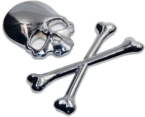 Vista 2 de emblema 3D, logotipo, calcomanía, insignia de calavera y huesos cruzados y piratas de metal cromado para Suzuki Kawasaki Harley Yamaha Honda Cromo