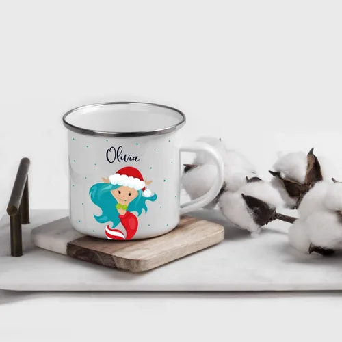 Vista 2 de Andaz Press Taza de café de acero inoxidable con nombre personalizado de 11 onzas para niños, diseño de sirena festiva, 1 paquete, taza de Navidad