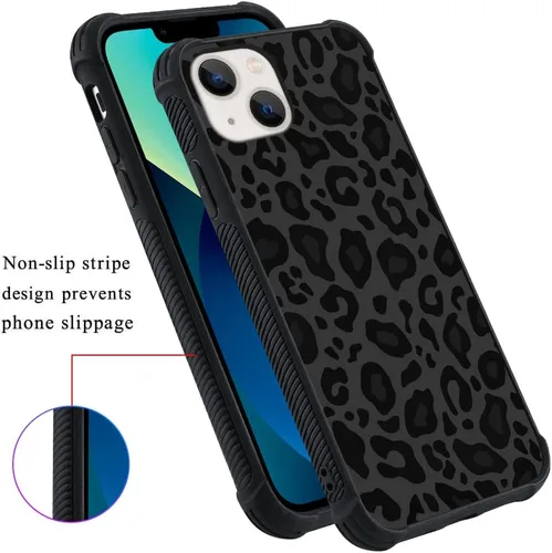 Vista 5 de KANGHAR - Funda compatible con iPhone 13, diseño de leopardo negro, textura de neumático antideslizante, a prueba de golpes funda protectora