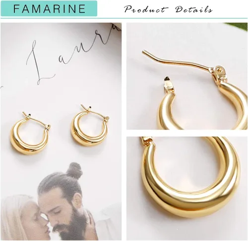 Vista 5 de FAMARINE Aretes de aro pequeños chapados en oro de 14 quilates, delicados aretes minimalistas abiertos para regalo de mujer