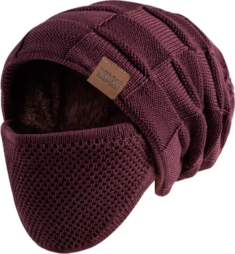Vista 9 de REDESS Gorro para hombre y mujer, gorro de invierno cálido de punto holgado grueso con cubierta facial D2 Negro
