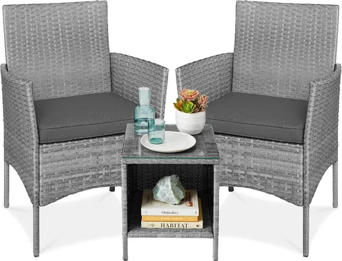 Vista 11 de Best Choice Products Juego de 3 piezas de mimbre para conversación al aire libre, muebles de patio que ahorran espacio para jardín con mesa
