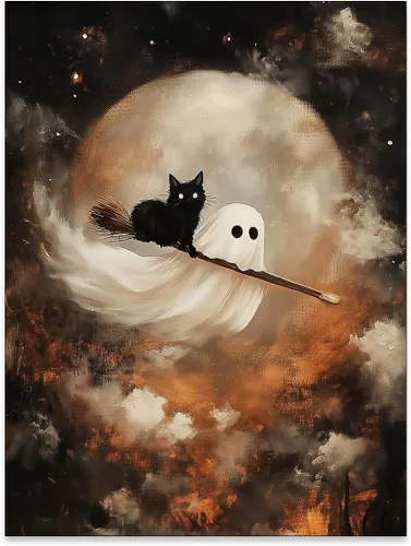 Vista 33 de Lienzo enmarcado negro para pared, póster de Halloween Dark Academia, pintura de gato negro, fantasma en la bañera, imágenes góticas de terror