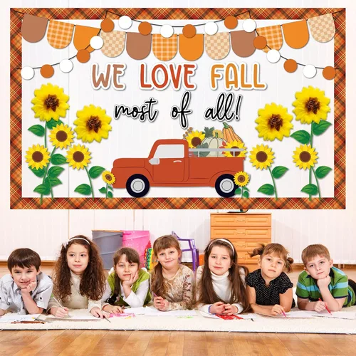 Vista 6 de Tablero de anuncios de girasol de otoño 3D para aula, bordes a cuadros marrones con papel de otoño 3D, girasol, nos encanta el otoño, sobre todo