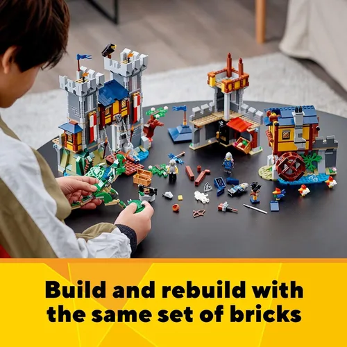 Vista 4 de LEGO Creator 3 en 1 - Juguete de castillo medieval que se transforma de castillo a torre en mercado, incluye figura de esqueleto y dragón, con 3