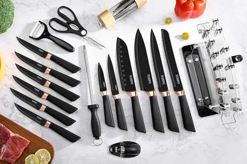 Vista 3 de Juego de cuchillos de cocina con bloque y afilador, juego de 17 cuchillos de acero inoxidable incluye juego de cuchillos de carne dentados