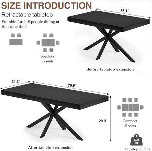 Vista 2 de Mesa de comedor extensible para 4, 6, 8, 55 a 70.9 pulgadas, mesa de cocina rectangular de madera, mesa de comedor expandible con almacenamiento