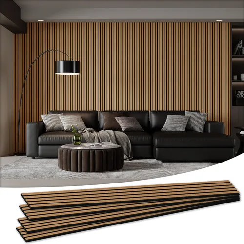 Vista 20 de Paquete de 4 paneles acústicos de pared de 105.9 x 12.6 x 0.8 pulgadas, absorbentes de sonido, paneles de pared de listones de madera para Teca