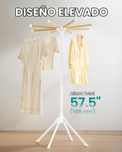 Vista 4 de SONGMICS Estante de secado de ropa, con varillas de bambú para colgar, estante de lavandería plegable de metal, ahorro de espacio, aireador