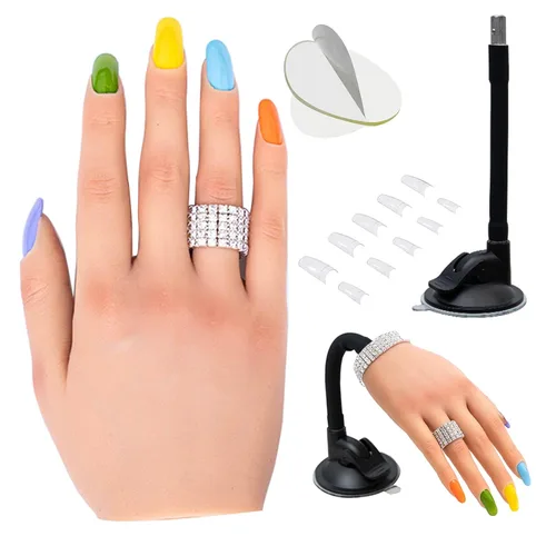 Vista 9 de Mano de práctica de uñas de silicona para uñas acrílicas, manos de maniquí profesional para práctica de uñas con soporte ajustable, mano falsa