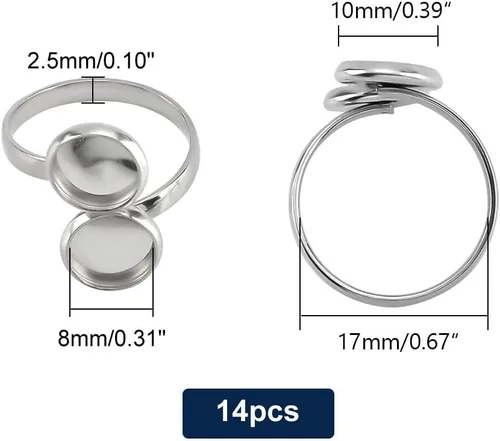 Vista 2 de PH PandaHall 14 piezas de base en blanco para anillos de dedo, 0.669 in, ajuste de anillo de puño ajustable, base de cabujón de acero inoxidable