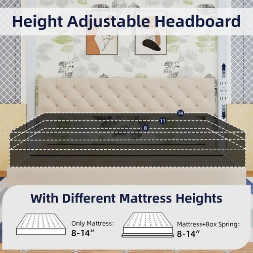 Vista 5 de BarnFurin Base de cama tamaño King, plataforma tapizada con cabecera capitoné con botones, marco de cama de tela con soporte de listones de madera