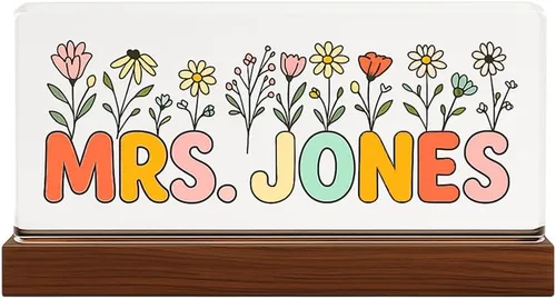 Vista 12 de Placa de nombre personalizada para escritorio para profesores, placa de nombre de acrílico personalizada para maestros con base de madera, letrero