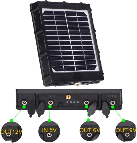 Vista 4 de Panel solar para cámara de sendero, WILDGAMEPLUS 14W 8000mAh 12V/1.2A 9V/1.6A 6V/2.4A IP66 Cargador recargable impermeable con cables para cámara