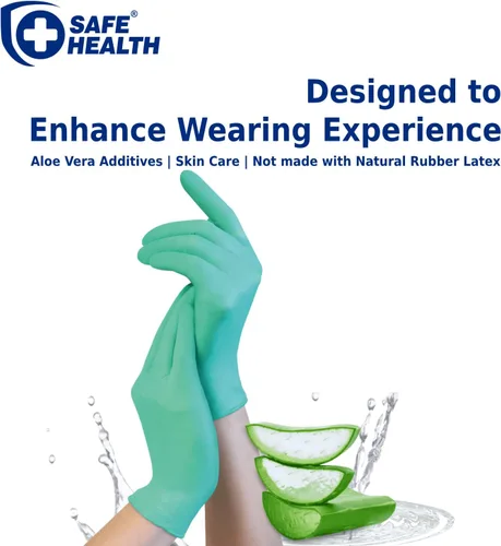 Vista 2 de Safe Health Aloegenii - Guantes desechables de vinilo verde HD, revestimiento de aloe vera, 5.5 mil, caja de 1000, medianos, sin látex, sin polvo