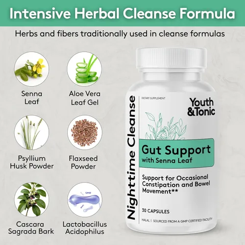 Vista 4 de Youth & Tonic Suplemento de limpieza intestinal durante la noche para alivio ocasional del estreñimiento, desintoxicación de limpieza intestinal