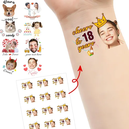 Vista 16 de Tatuajes personalizados temporales personalizados temporales con nombre, logotipo, foto facial para adultos, boda, cumpleaños, San Valentín