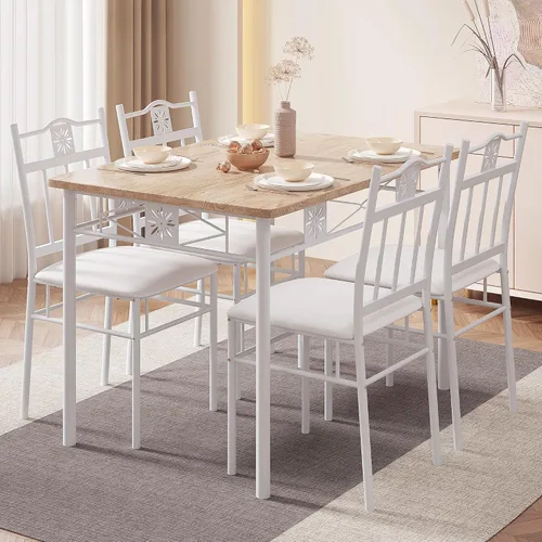 Vista 8 de VECELO juegos de mesa de comedor para cocina para 4, juego de 5 piezas de madera rectangular para desayunador, comedor con sillas acolchadas de PU