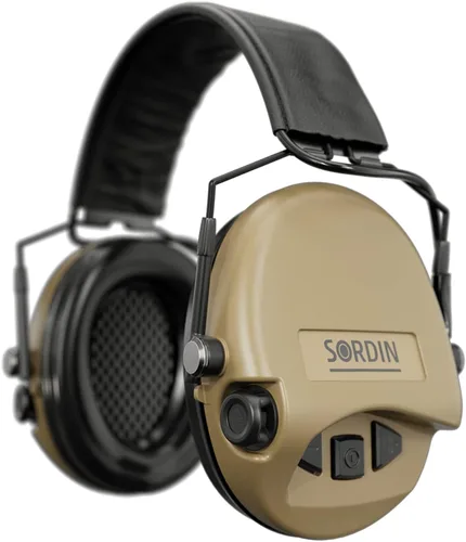 Vista 7 de Sordin MIL AUX Slim Ear Muffs - Active and Electronic Military Ear Defenders w/Leather Headband - Tactical Earmuffs