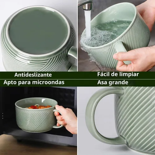 Vista 4 de Tazón de sopa de cerámica con asa, 38 oz apto para microondas Verde guisante