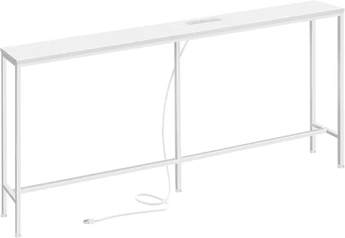 Vista 10 de SUPERJARE Mesa consola con tomacorriente, mesa de sofá de 63 pulgadas con estación de carga, mesa de entrada estrecha, mesa de pasillo delgada, mesa