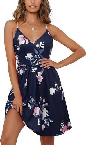 Vista 2 de OUGES Vestido casual de verano con cuello en V y tirantes delgados ajustables para mujer sin espalda con bolsillos