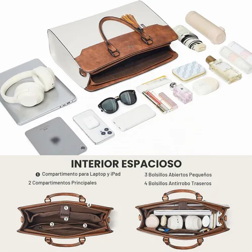 Vista 6 de Shrrie Bolsa de mano para laptop de 15.6 pulgadas con bolso de mano para Beige con marrón.