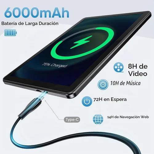 Vista 5 de Tablet de 10 Pulgadas, Tablet Android de 10 Pulgadas Android 15, Octa-Core, 18GB(6+12)RAM+128GB ROM+1TB Ampliable, Pantalla IPS de 1280x800