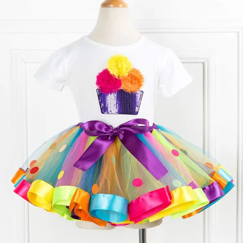 Vista 2 de JOINSI Falda de ballet tutú arcoíris para niñas con camisa, collar y pulsera