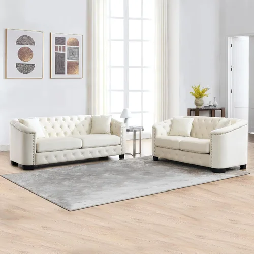 Vista 8 de Juego de sofá de terciopelo Chesterfield de lujo de 2 piezas para sala de estar, muebles de decoración moderna, sofá seccional, sofá de 3 plazas