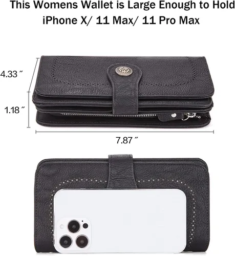 Vista 3 de Telena Billeteras de cuero para mujer con diseño de cartera de triple, para tarjetas de crédito, 4-negro-1, Vintage
