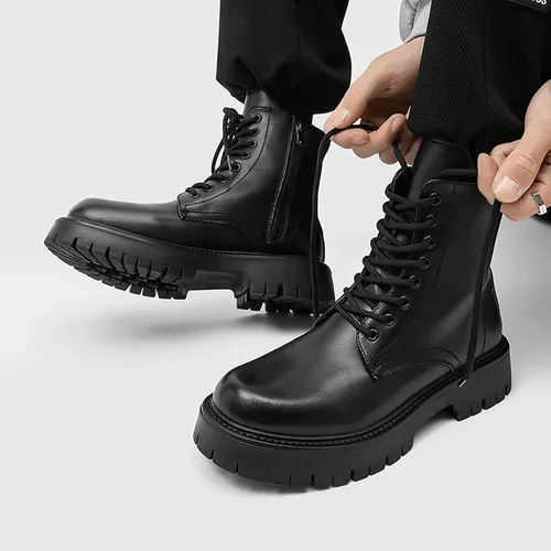 Vista 7 de Botas de combate con plataforma de charol negro para hombre, puntera ancha, con cordones, suela con cremallera lateral, antideslizantes, botas