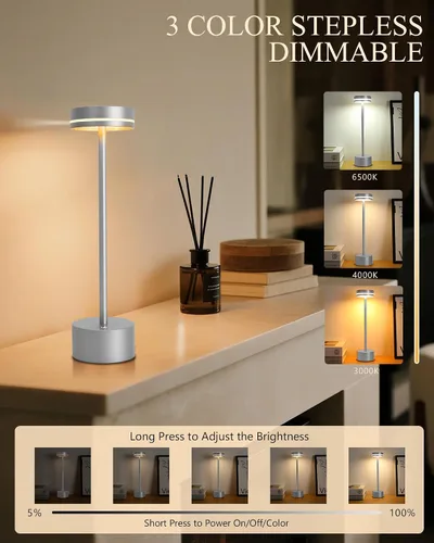 Vista 3 de Paquete de 2 lámparas de mesa LED inalámbricas recargables, lámpara de escritorio LED portátil de 5000 mAh, funciona con pilas, luz de mesa