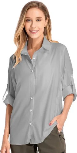 Vista 9 de Camisas de manga larga con protección solar UPF 50 para mujer, de secado rápido, para pesca al aire libre, senderismo, viajes 5019 Azul