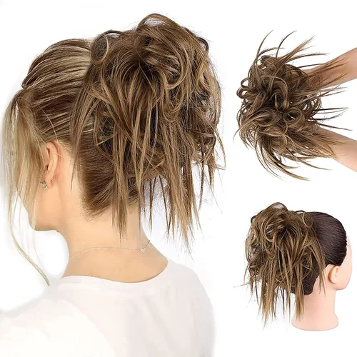Vista 22 de HMD - Extensiones de cabello tipo chongo alborotado con rodelo despeinado, banda elástica de goma, extensiones de cabello sintético para mujer