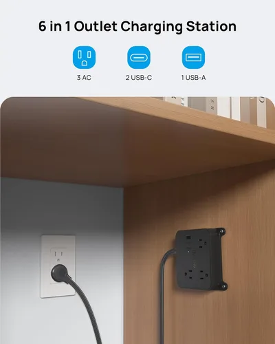 Vista 2 de TROND Regleta de alimentación de enchufe plano, cable de extensión corto de 3 pies con 3 salidas de CA, estación de carga de montaje en pared con 2