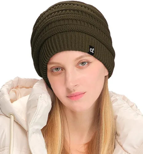 Vista 58 de C.C Winter Oversized Beanie Hat with Fuzzy Lining – Thick Knit Thermal Beanie for Cold Weather, Soft Warm Fleece Lined Cap