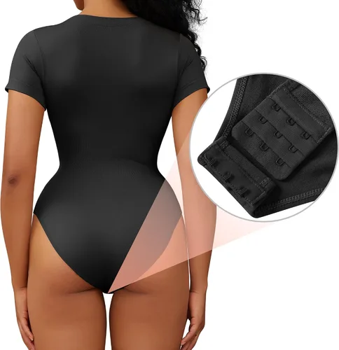 Vista 2 de Body de manga corta con cuello redondo para mujer, sin costuras, camiseta triangular acanalada, camiseta básica, leotardo